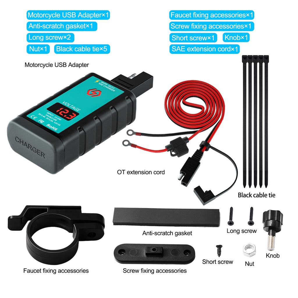 Motorcycle Handlebar PhoneCharger Quick Charger PD+QC3.0 Waterproof Switch With Voltmeter SAE Plug To USB Type-C Socket