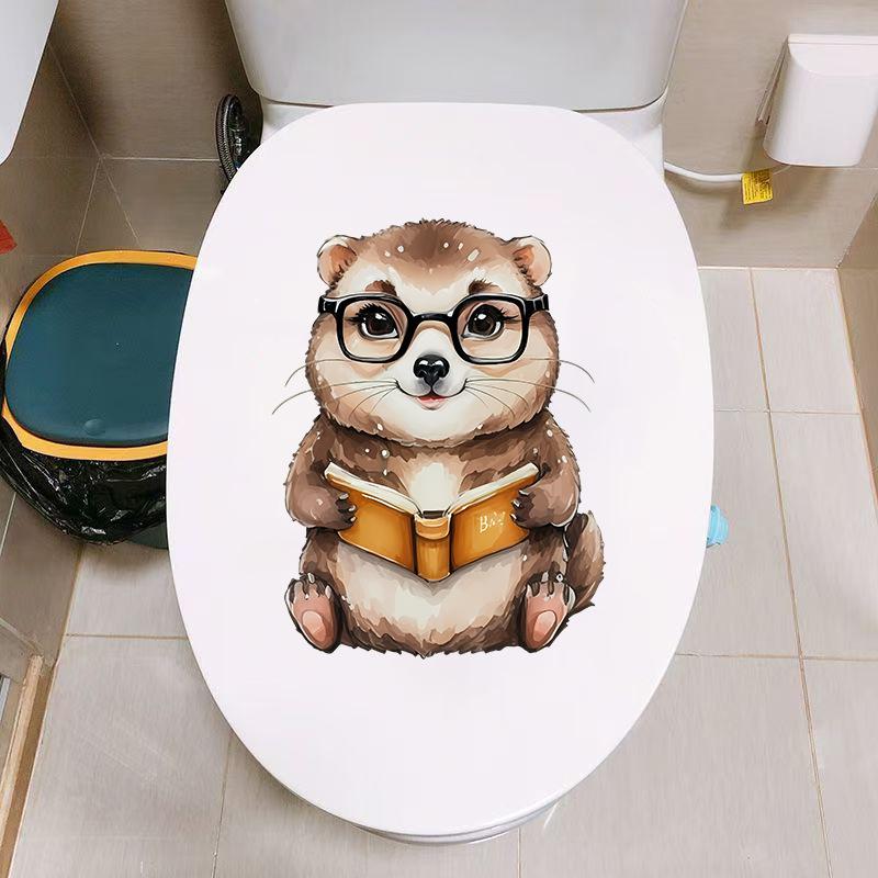 Self-adhesive PVC Removable Creative Cute Animal Reading Book Toilet Wall Stickers Waterproof for Bathroom Decor