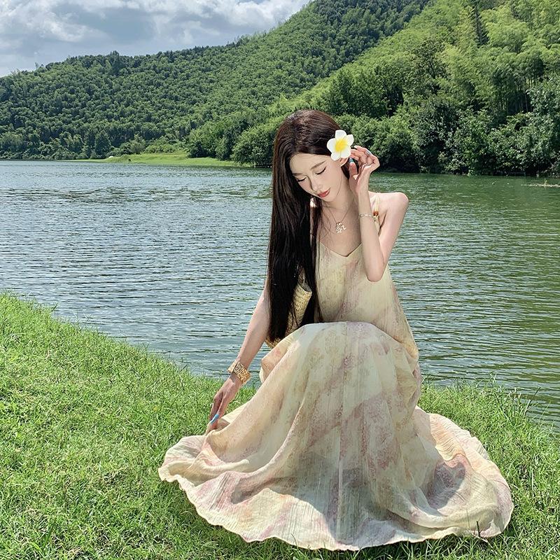 French Lazy Smudge Printing Long Beaded Suspender Dress Summer New Retro Loose Holiday Dress