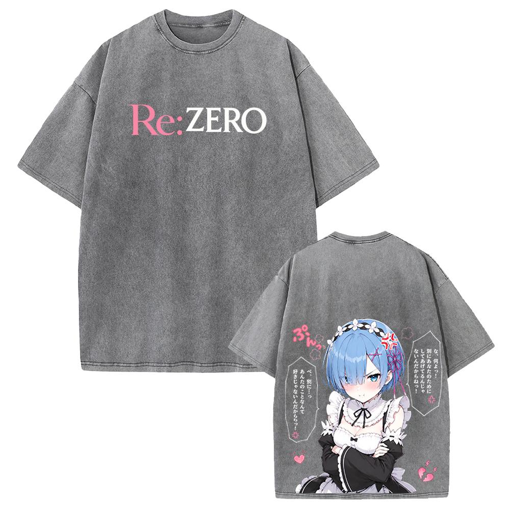 Cute Rem Re:ZERO Anime Printed T-shirt Harajuku Vintage Washed T Shirt Men Clothing Oversized Short Sleeve Cotton Tees Tops
