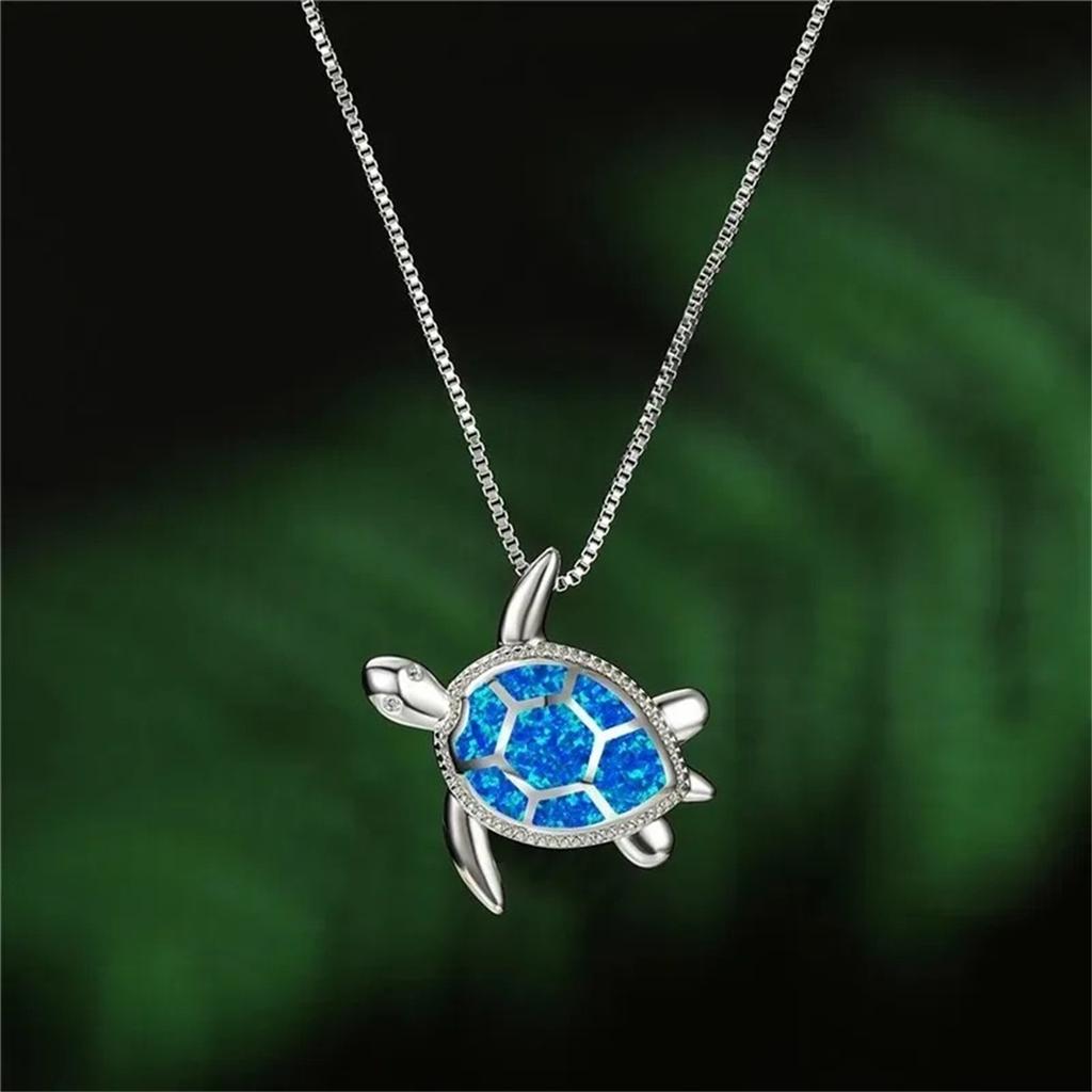 Bohemia Cute Turtle Pendant Necklace For Women Inlay Imitation Blue Opal Necklace Wedding Party  Christmas Gifts for Her