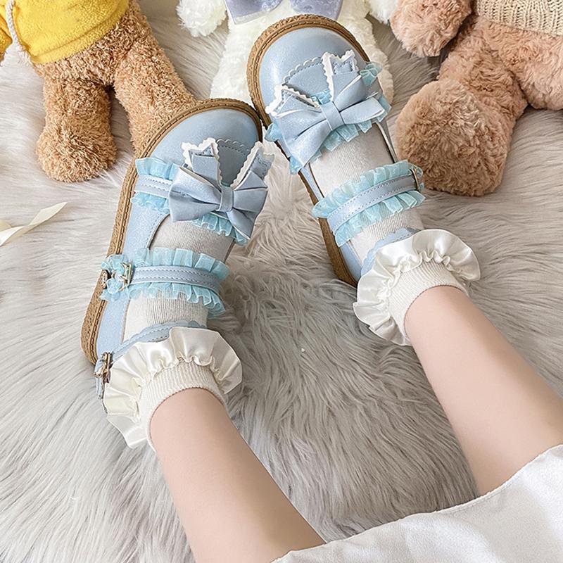 Rimocy Patchworkowe Koronkowe Buty Mary Jane Damskie Skóra PU Urocza Kokardka Płaskie Buty Damskie Platforma Niebieskie Różowe Pasek na Kostkę Buty Lolita