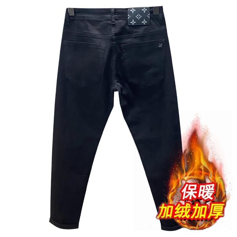 High-End Fashion Brand Light Luxury Black Jeans Men's Fall/Winter Slim Fit Skinny Stretch Casual Fleece and Thick Pants