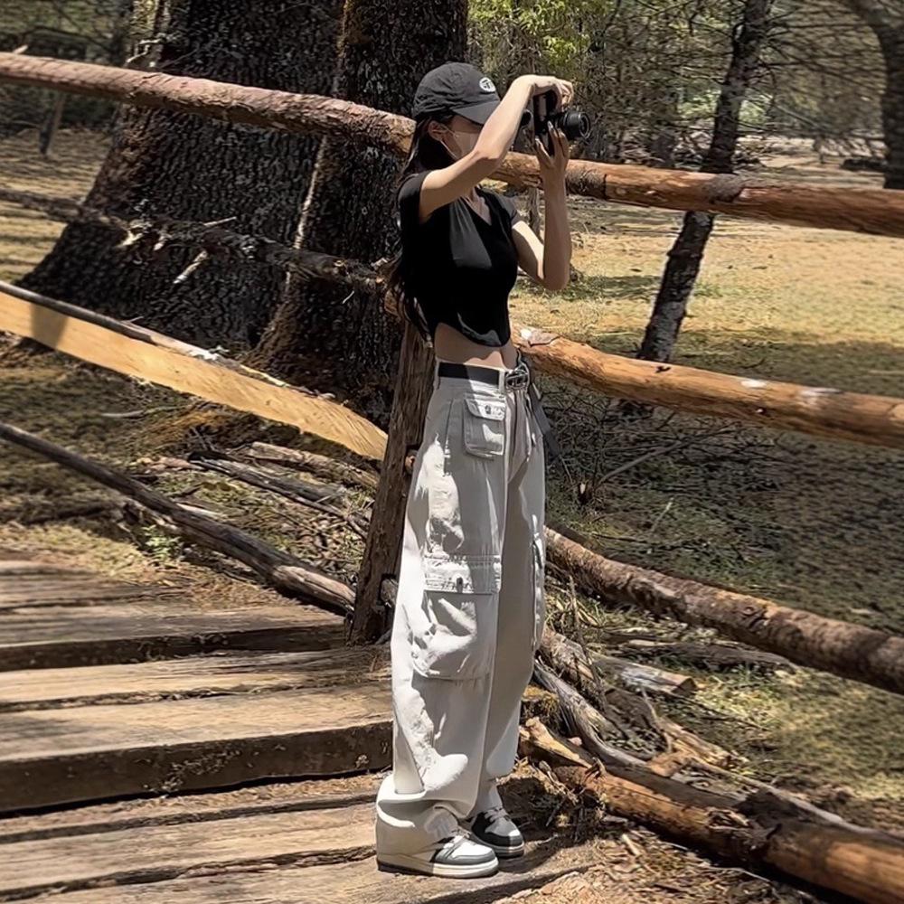 

Женские летние 2025 белые брюки карго широкие - американский ретро уличный стиль M