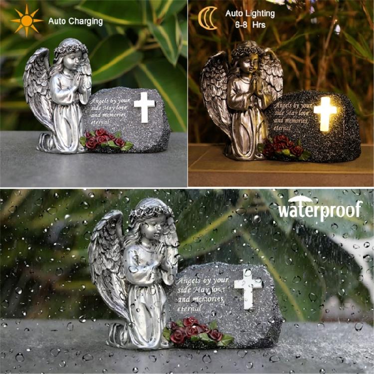 Resin Praying Angel Garden Statue With Solar Lighted Crosses Outdoor Waterproof Sculpture Grave Lamp for Patios Cemetery