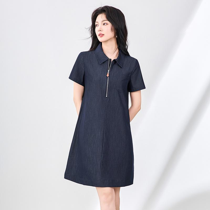 

Light Oxygen Minimalist Denim Half-Zip Dress Short Loose A-Line Skirt for Women Large синий