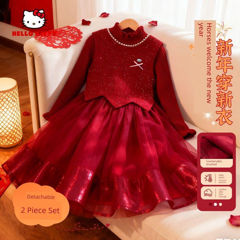 Hellokitty New Year s Outfit for Girls 2026 New Red Festive Dress for 12-Year-Old Girls  Zodiac Year T Oval Metal Mark K Red 120