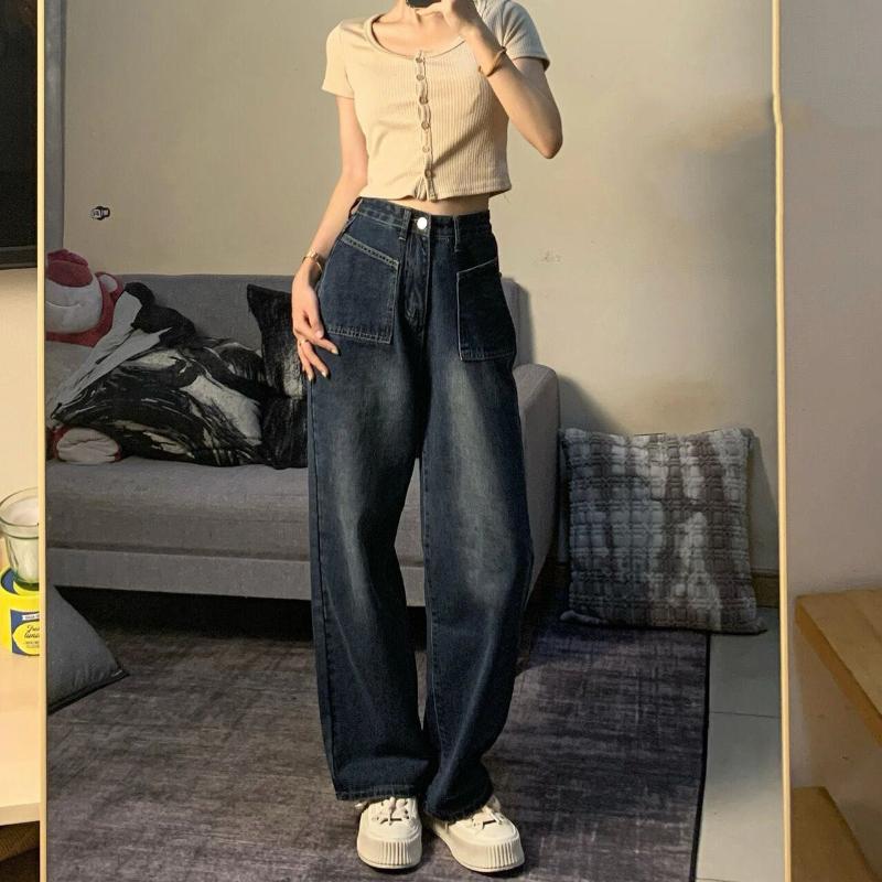 Spring and Autumn Retro Jeans Women's Straight Pants High Waist Loose Wide-leg Pants