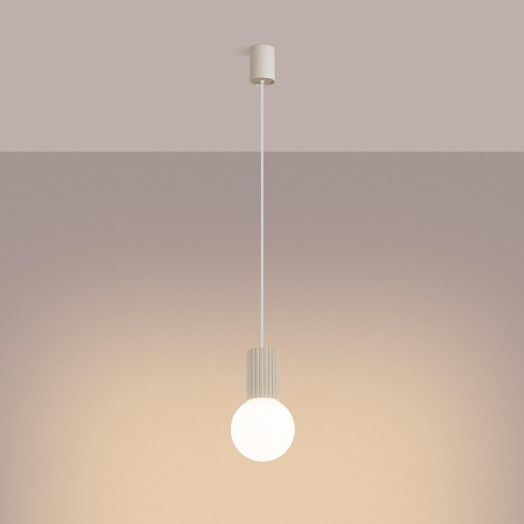 Lampa Wisząca Nowoczesna Beżowa Ryflowana Szklana Biała Kula Do Salonu Jadalni Nad Stół 1Xg9 8W Halo Sollux Lighting