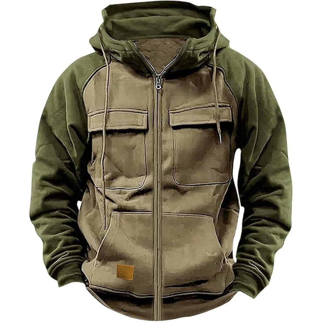 Men's Hooded Multi-Pocket Patchwork Sweatshirt - European & American Style, Spring/Autumn, Solid Color, Youth Sport Workwear