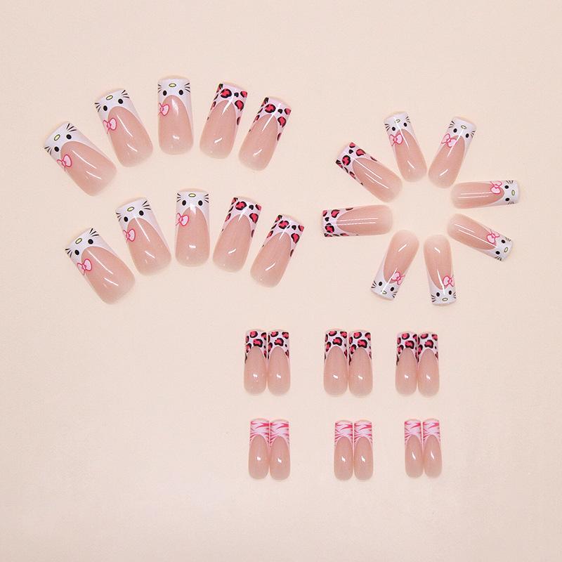 Sweet pink leopard print kitten French girl, wind removable wearing armor 30 pieces press on nails