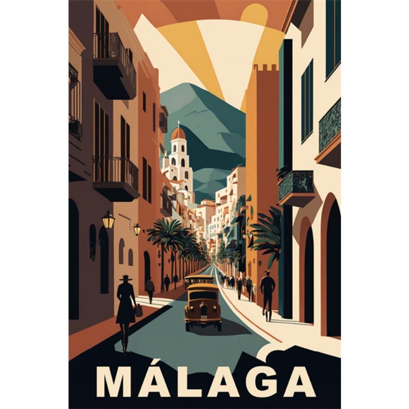 Vintage cestovní plakát Město Málaga Plátna Umělecká vesnice Pláže Slunečné pobřeží Retro nástěnné umění Obrázky Nástěnná malba Domácí dekorace