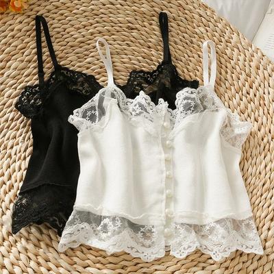 Lace Patchwork Single Breasted Short Crop Top with Exposed Midriff for Summer Slim Fit Outerwear Camisole