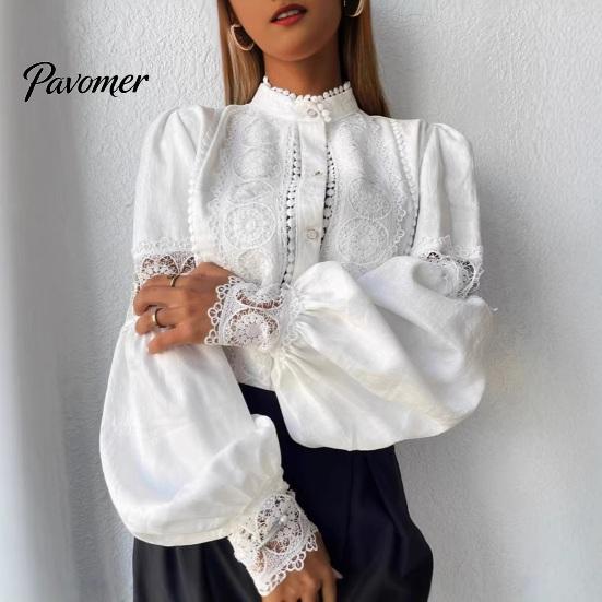 Entspannte Passform Kleidung Damen Stickerei Spitze Hemd, Herbst Laternenärmel Stehkragen Bluse, Lässig Formell Oberteil Normale Unifarbene Knopfleiste Polyester
