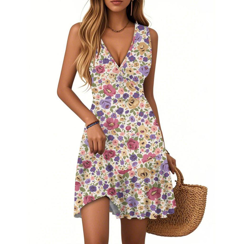 Women's Dress V-neck Sleeveless Casual Floral Print Hem Pleated Dress