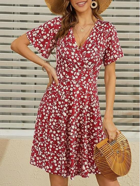 Women's Floral V-Neck A-Line Wrap Dress - Short Sleeve, Elegant & Stylish