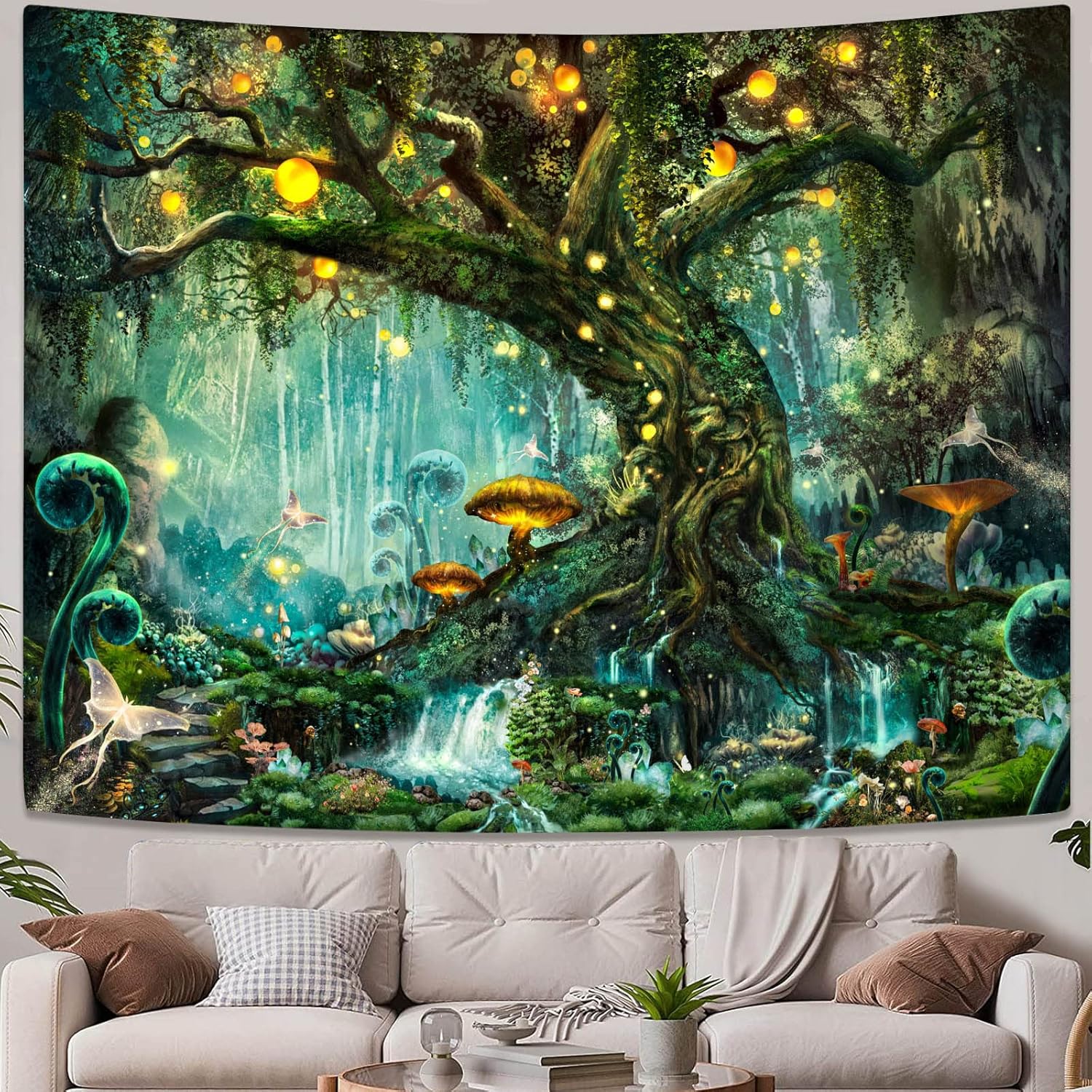 Fairy Tales Magical Forest Tapestry, Nature Tree Of Life With Elves Landscape Tapestry Wall Hanging For Living Room Bedroom 70x100CM