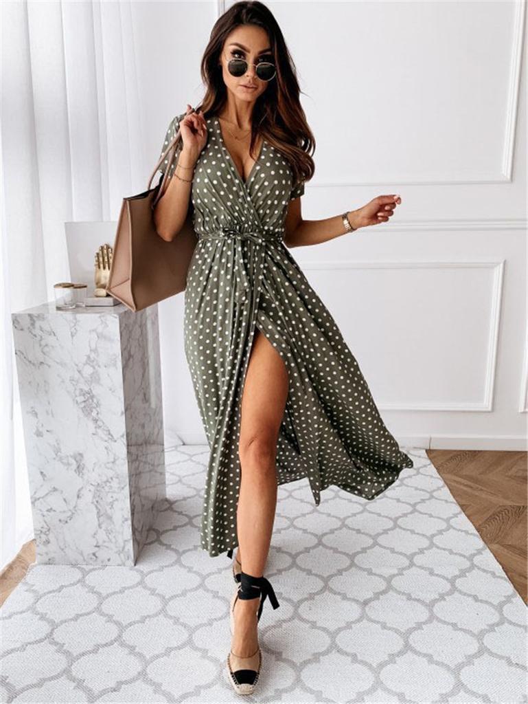 Summer Short Sleeve V-Neck Dress, Bohemian Polka Dot Dress Long Dress Spot