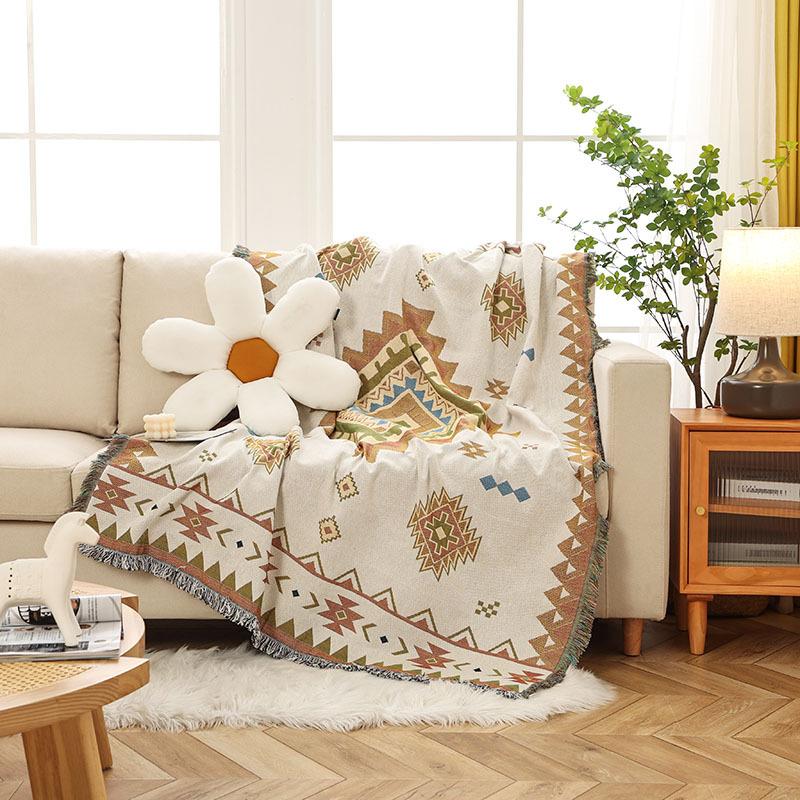 Reversible Blanket, Geometric Pattern, Beige Blanket, Sofa Throw