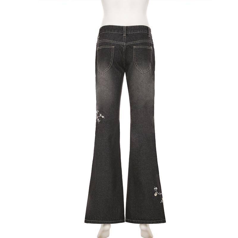 Women's Retro Low-Waist Flared Jeans with Floral Embroidery