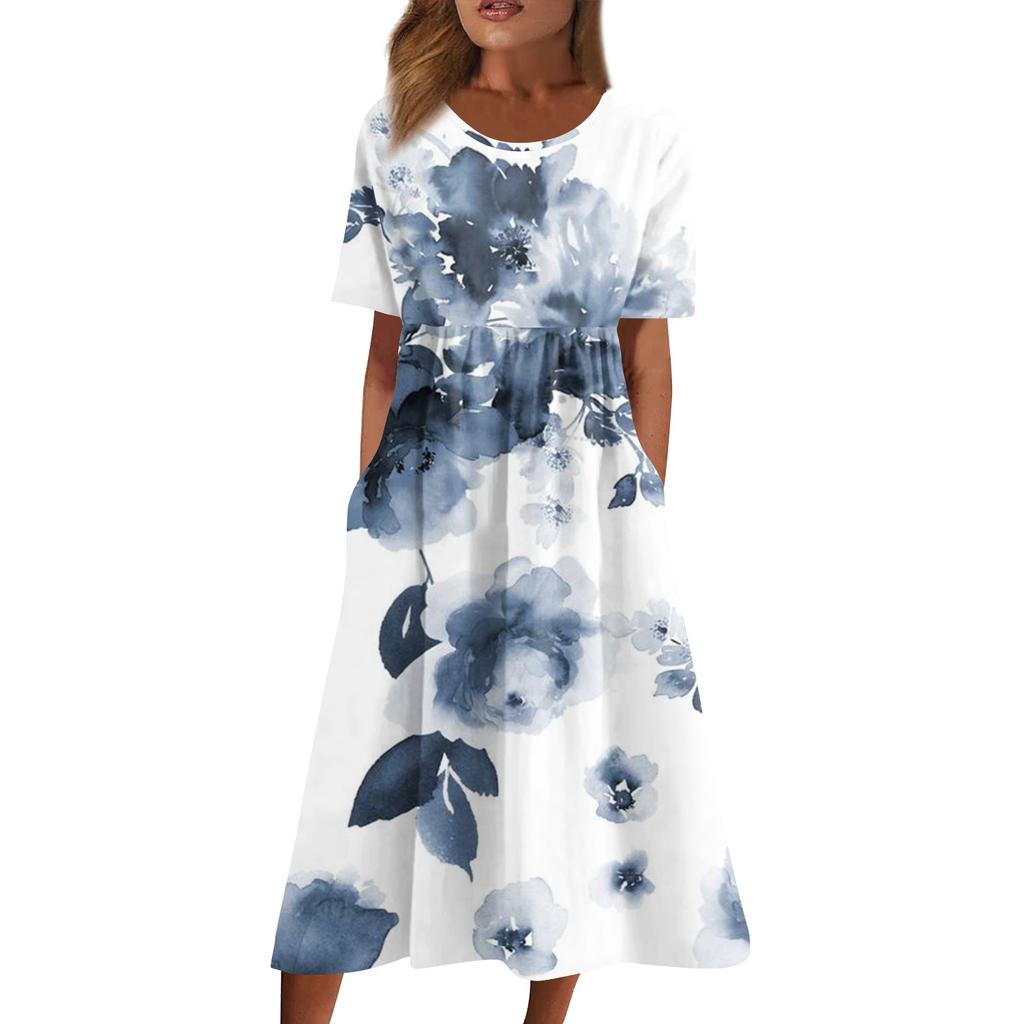 Damen-Freizeitkleider, bedruckte Kleider, Sommerkleider, bedruckt, plissiert, Rundhals-Midi-Kleider, Basic, klassisch, Outdoor, täglich, kurzärmelig, lockere Kleider