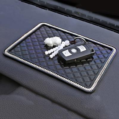 1pc Black Silicone Car Center Console Organizer with Diamond-Studded Border - Non-Slip Dashboard Storage Mat for Keys, Remote & Accessories