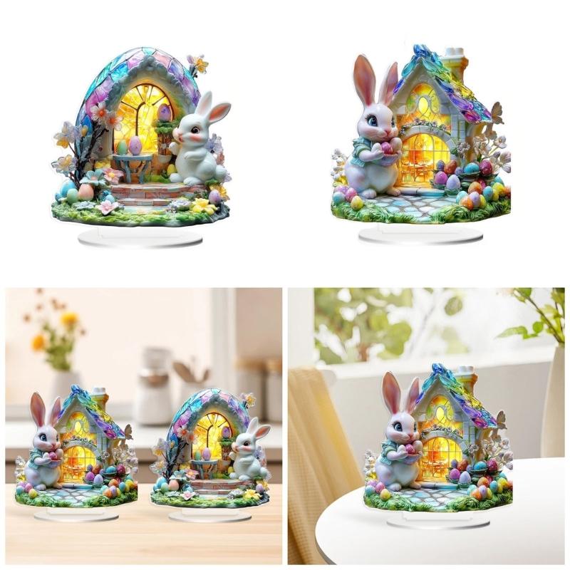 Standing Rabbit Figurines Home Decoration Acrylic Bunnies Statues Sculpture with Easters Eggs for Office Room Decors