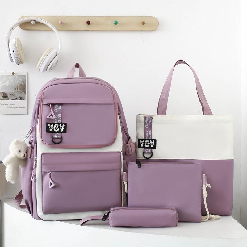 School Bag Large Capacity Four-piece Set Durable Student Backpack Junior High School School Bag Female Simple Going Out Casual Versatile