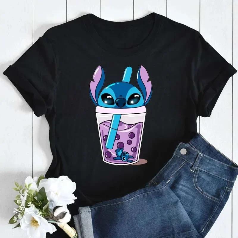 New Disney Women T-shirt Kawaii Lilo Stitch Print Tee Shirts Fashion Short Sleeve T Shirt Female Streetwear Y2k Clothes Top
