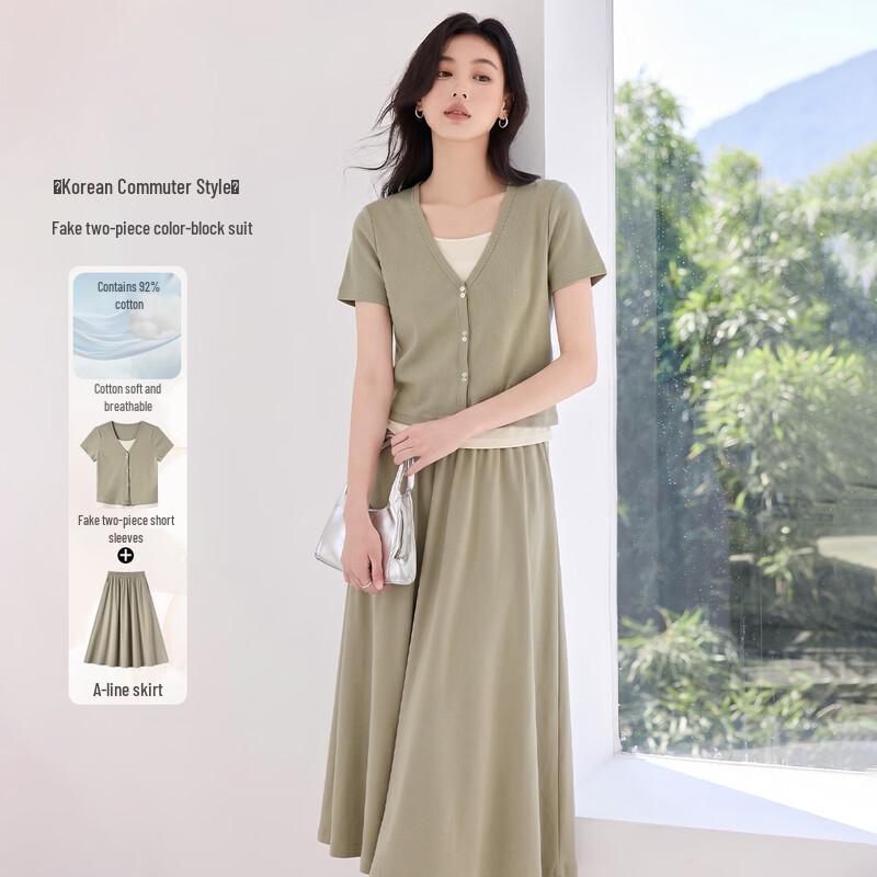 Women s Color-block Faux Two-Piece T-Shirt & Skirt Set L