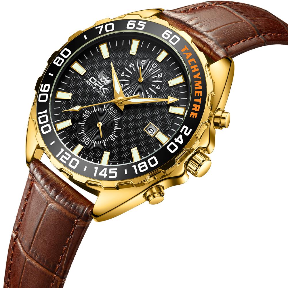 OPK 8163 Quartz Watch for Man 46mm Big Dial Leather Strap Tachymeter Auto Date Chronograph Men's Watches Waterproof Sports Watch