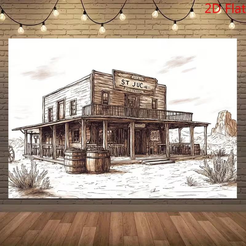 

2D Sketch Style Western Saloon Backdrop with Desert Landscape and Barrels 47.2x31.5inch/120*80cm