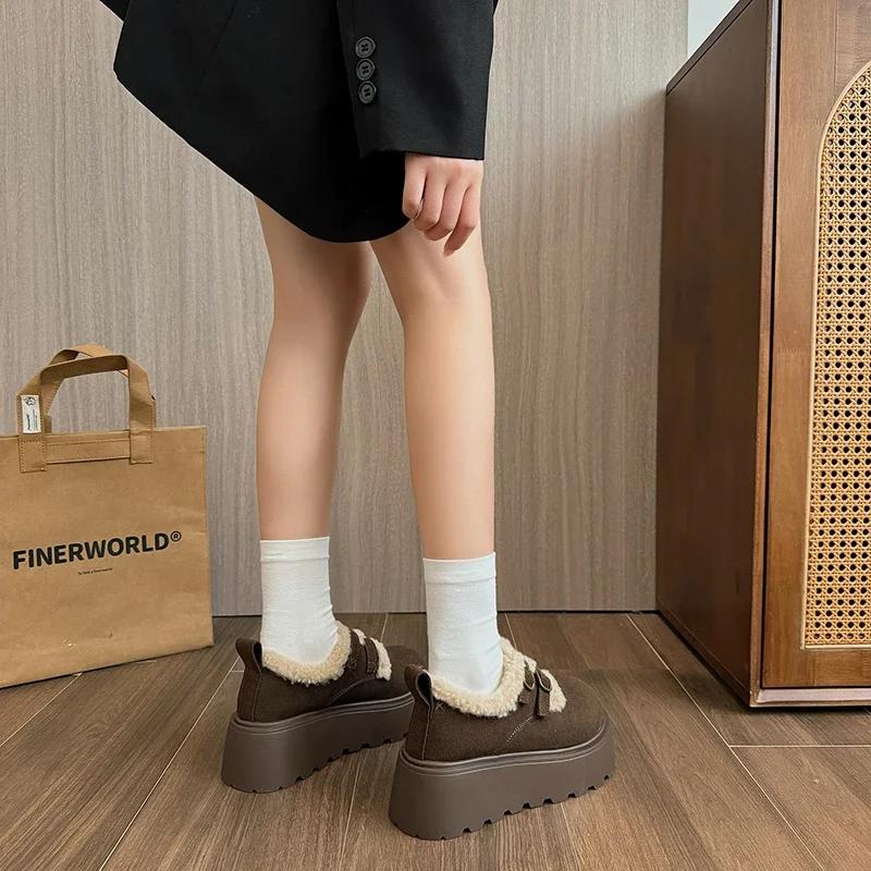 Fashion Women's Thick-soled Loafers Fur Round-toe Casual Sneakers Flat Shoes New Dress Winter Solid Color Keep Warm Breathable Versatile