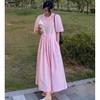 Korean chic summer sweet temperament round neck lace-up waist thin solid color splicing pleated short-sleeved dress women