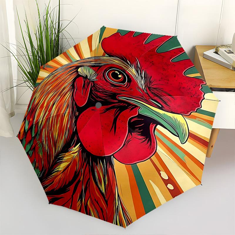 1pc Colorful Rooster Design Automatic Opening/Closing Umbrella with Foldable Design, Iron Frame, Outdoor Use, Festival Gift, Suitable for Fans, Travel