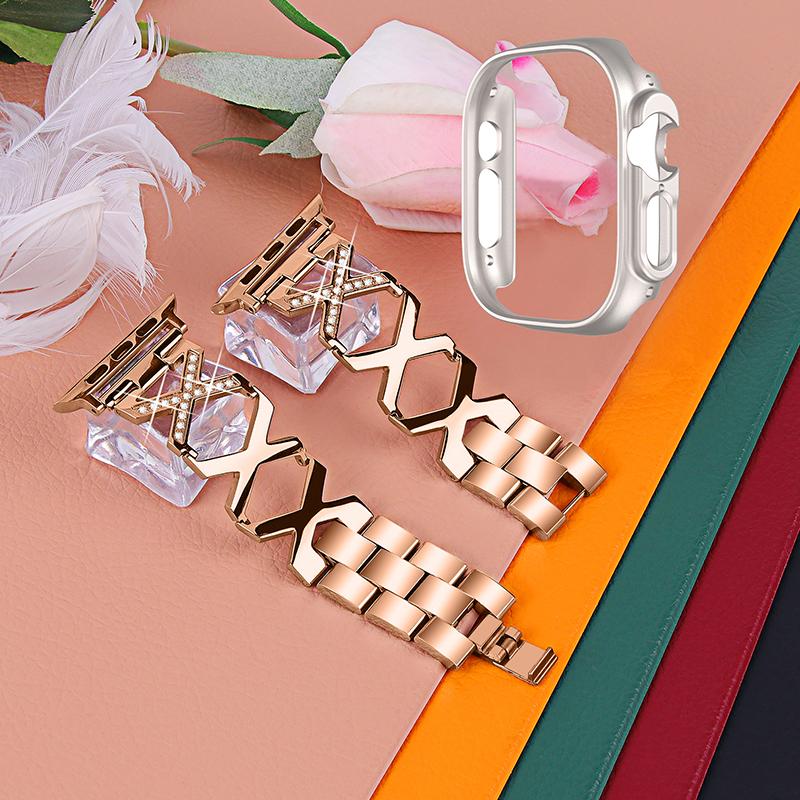 For Apple Watch Ultra 49mm Stainless Steel Watch Band Rhinestone Decor X-shaped Strap Replacement with Hollow Starlight Color PC Watch Case