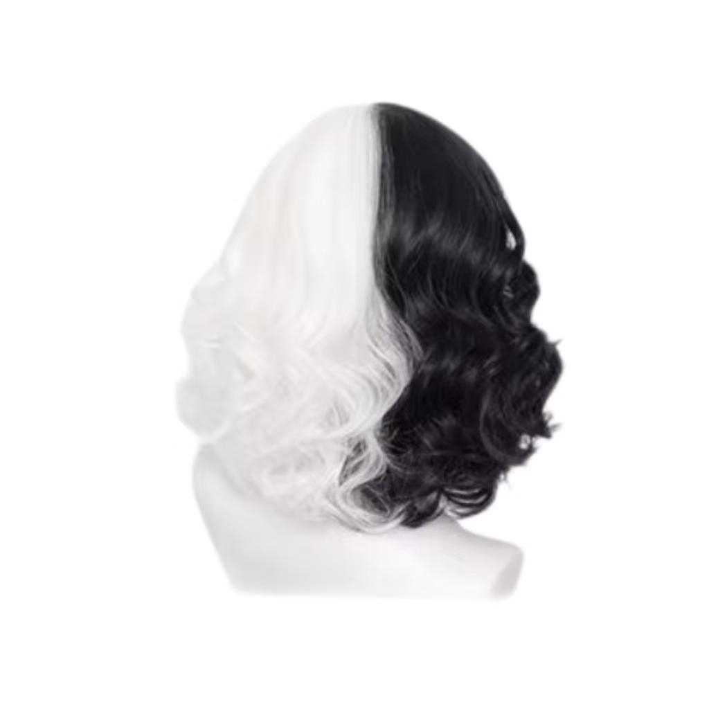 Cruella Schwarzweiß Lockig Kurz Cos Perücke für Damen Halloween Cosplay Synthetische Vollkopfbedeckung Party Kostümzubehör