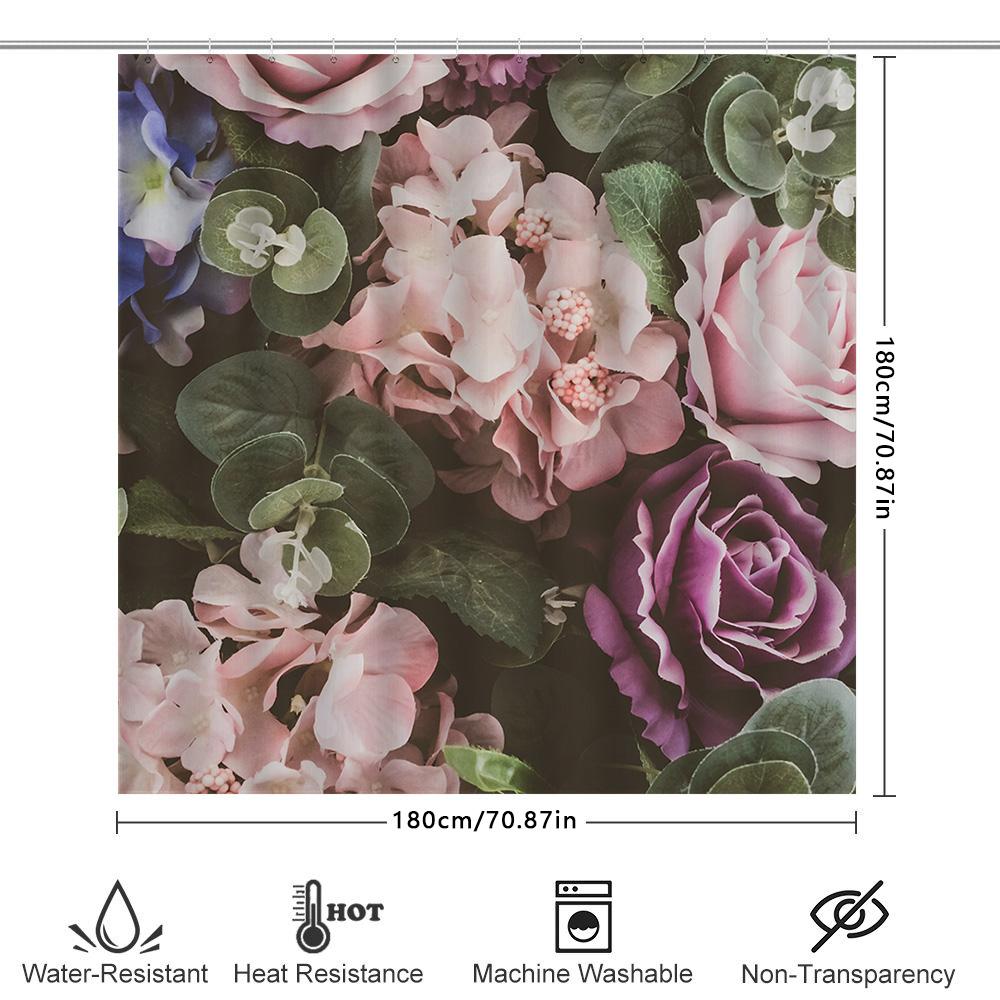 Floral Print Shower Curtain, Pink Purple Roses Hydrangeas Garden Decor Bathroom Liner Waterproof Polyester Fabric Home Decoratio