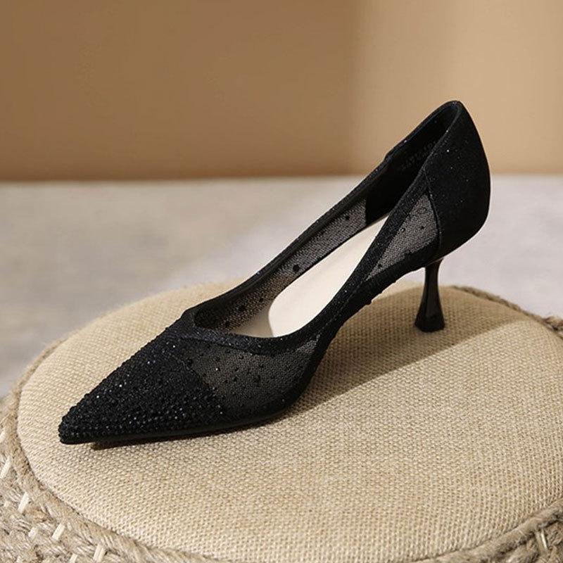 

Breathable mesh high heels women s 2025 summer new high-end cheongsam one-pedal French temperament beautiful sandals 35 чёрный