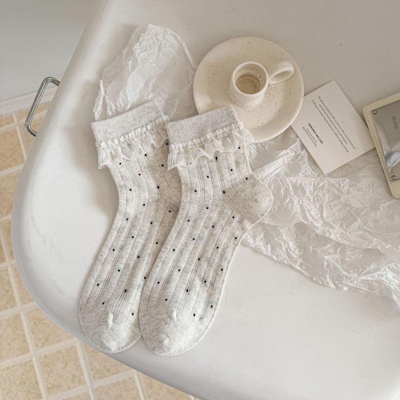 Spring and Summer Girls' Short Legged Lace-Ribbed Padded Socks with Polka Dots and Openwork Design - Perfectly Versatile Lightweight Socks