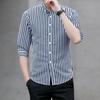 Yaka 3/4 Kol Tek Düğmeli Erkek Gömleği Slim Fit Çizgili Baskılı Günlük Gömlek Üst
