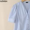 VONDA Elegant Women Short Sleeve Buttons Up Casual Office Blouse Work Wear