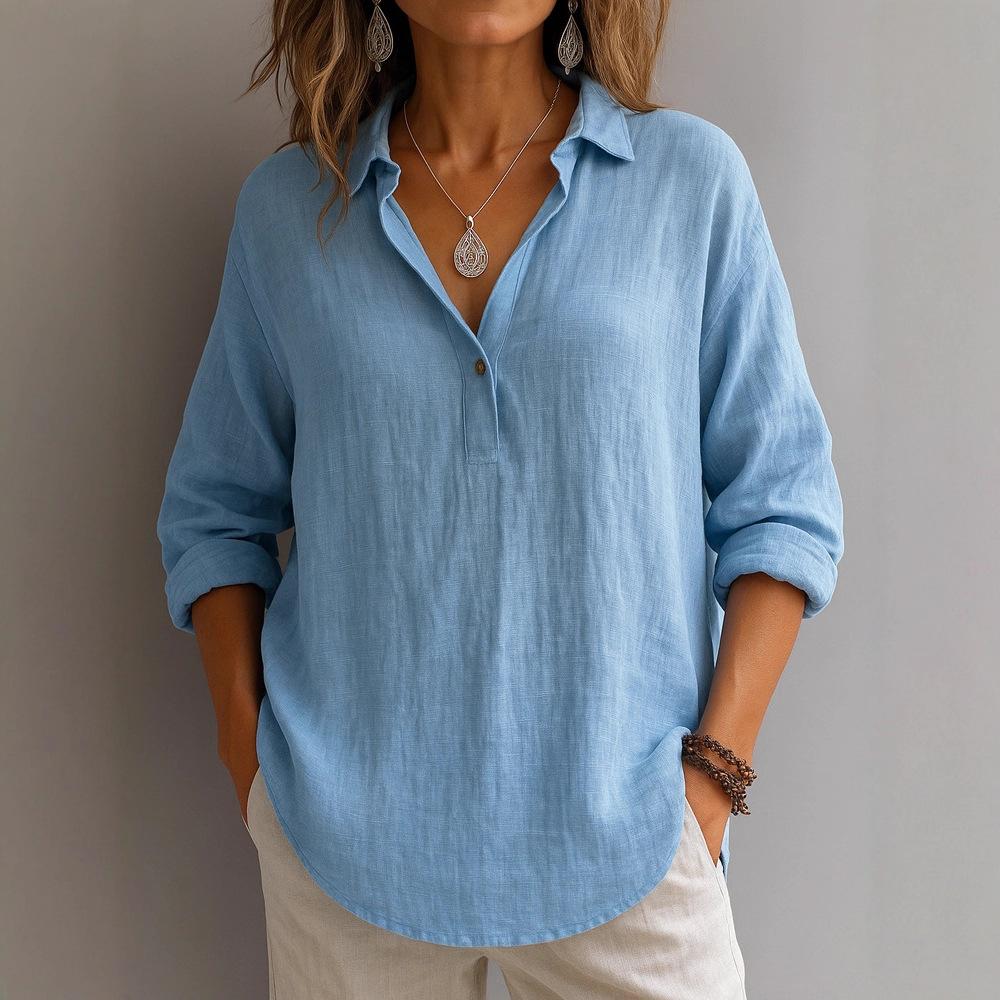 2025 Damen Frühlingshemd Kragen Langarm Pullover Einfarbig Locker Damenhemd