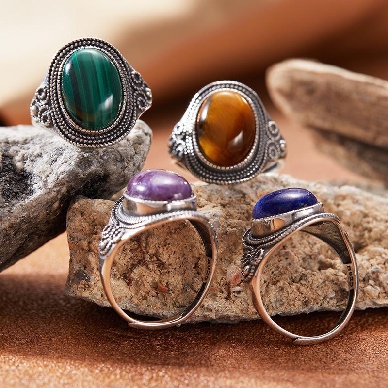 Personalized Retro Natural Colored Treasure Malachite Tiger Eye Blue Gold Gemstone Ring Women'S S925 Sterling Silver Index Finger Ring
