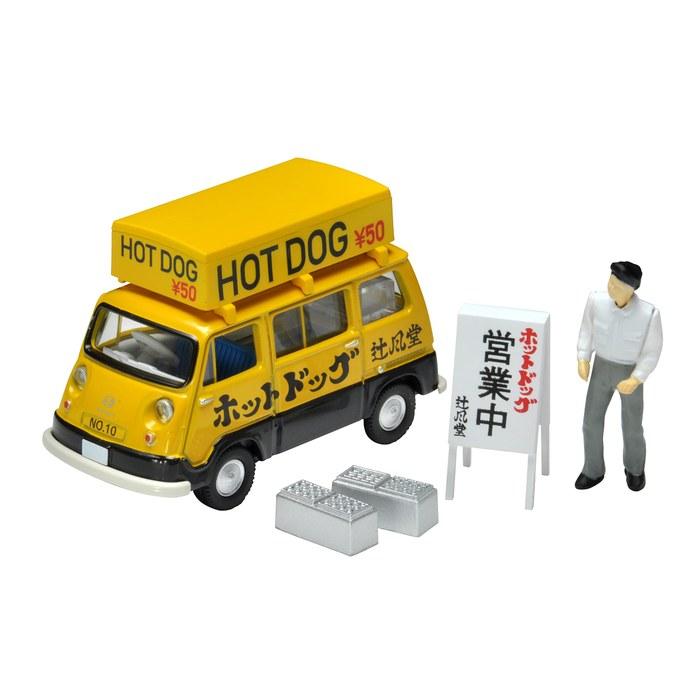 TOMYTEC Tomica Limited Vintage 1/64 LV-201a Subaru Sambar Light Van Hot Dog Vendor Yellow/Black with Figure Multicolor