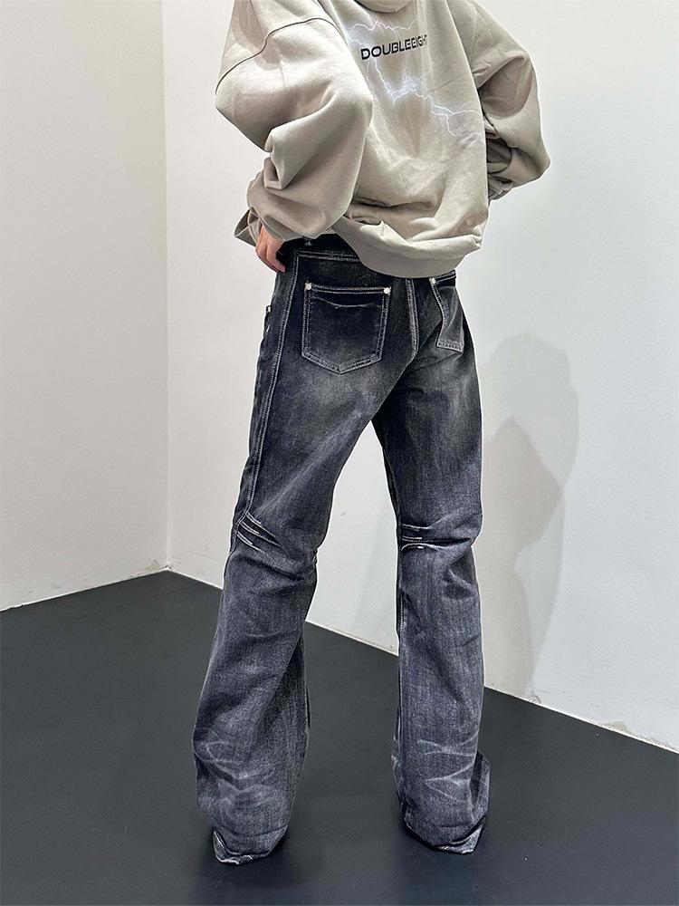 Neuankömmling: Distressed-Jeans im amerikanischen Retro-Patchwork-Stil, trendige, ausgestellte, bodenlange Unisex-Hose.