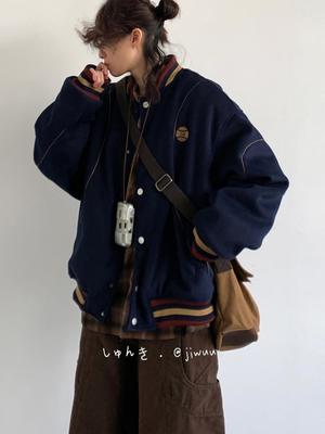 Unisex Japanese Retro Color Block Wool Baseball Jacket, Autumn/Winter Academy Style