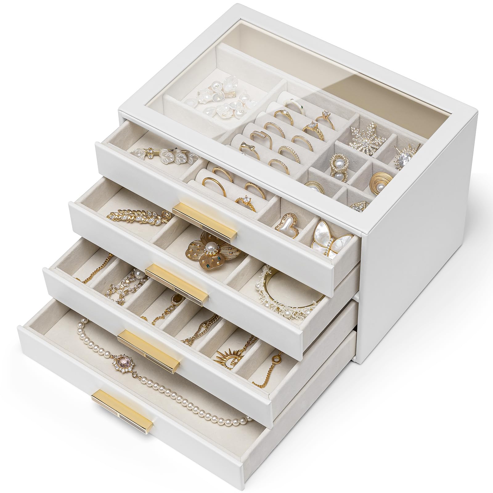 

Vlando Шкатулка для украшений с 4 ящиками и стеклянной крышкой Шкатулка для украшений Органайзер для хранения аксессуаров Женские ожерелья, кольца, серьги, браслеты, белый