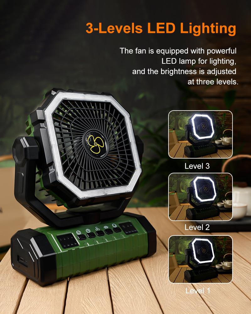 Rechargeable Oscillating Camping Fan with Remote Control & LED Light