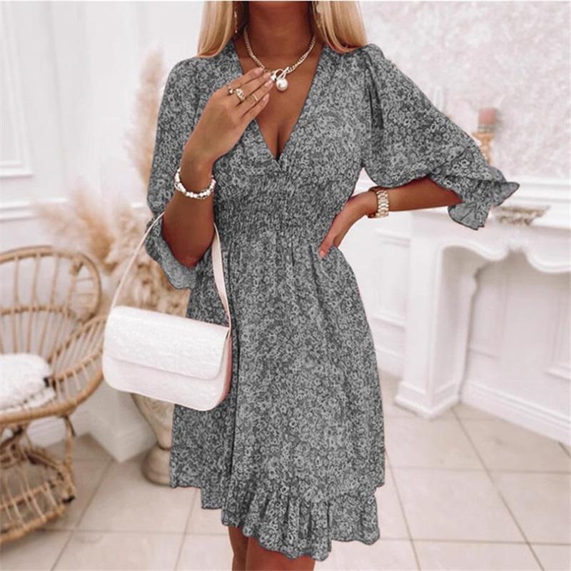 Europäischer und amerikanischer Stil Damen Neuer Midirock V-Ausschnitt Taille Pullover Bohème-Stil Bedrucktes Kurzarm-Blumen-Freizeitkleid